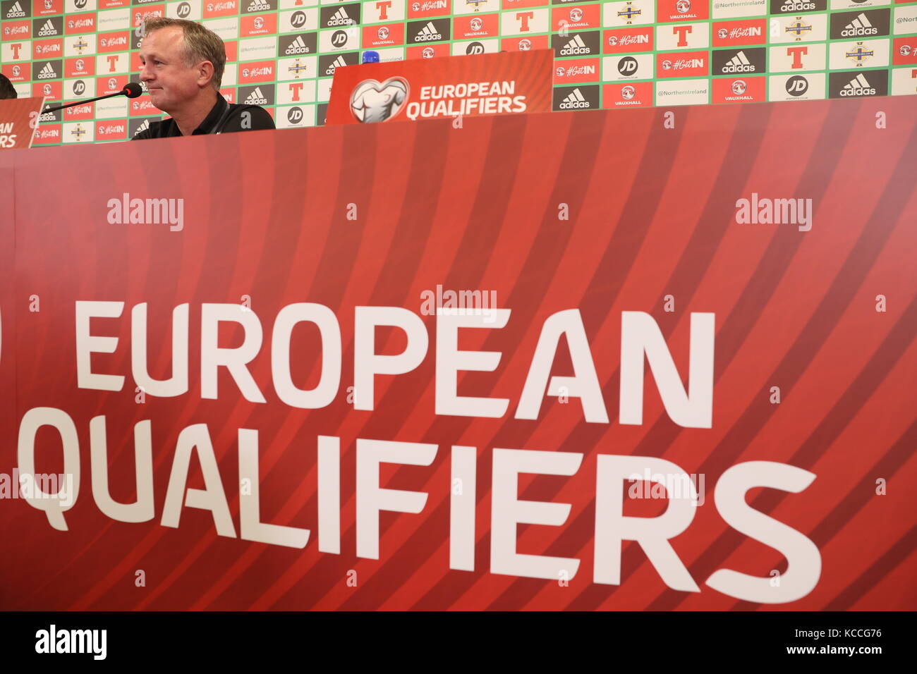 Nordirland-Manager Michael O'Neill während der Pressekonferenz im Windsor Park, Belfast. Stockfoto