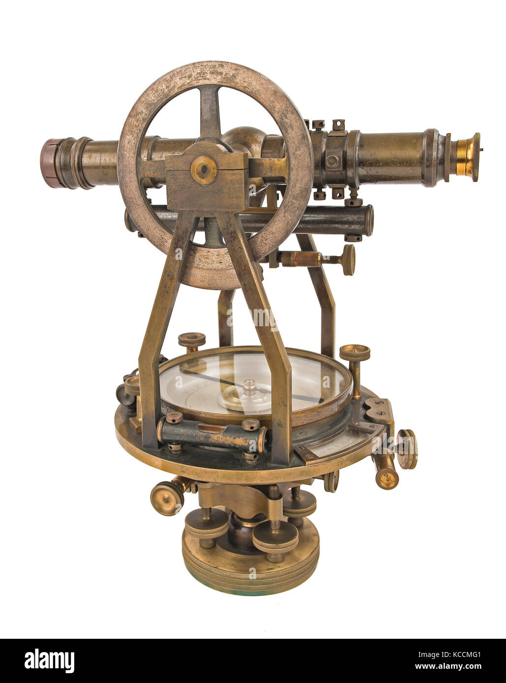 Die vintage Surveyor (Transit, theodolit) mit Kompass isoliert auf Weiss. Stockfoto