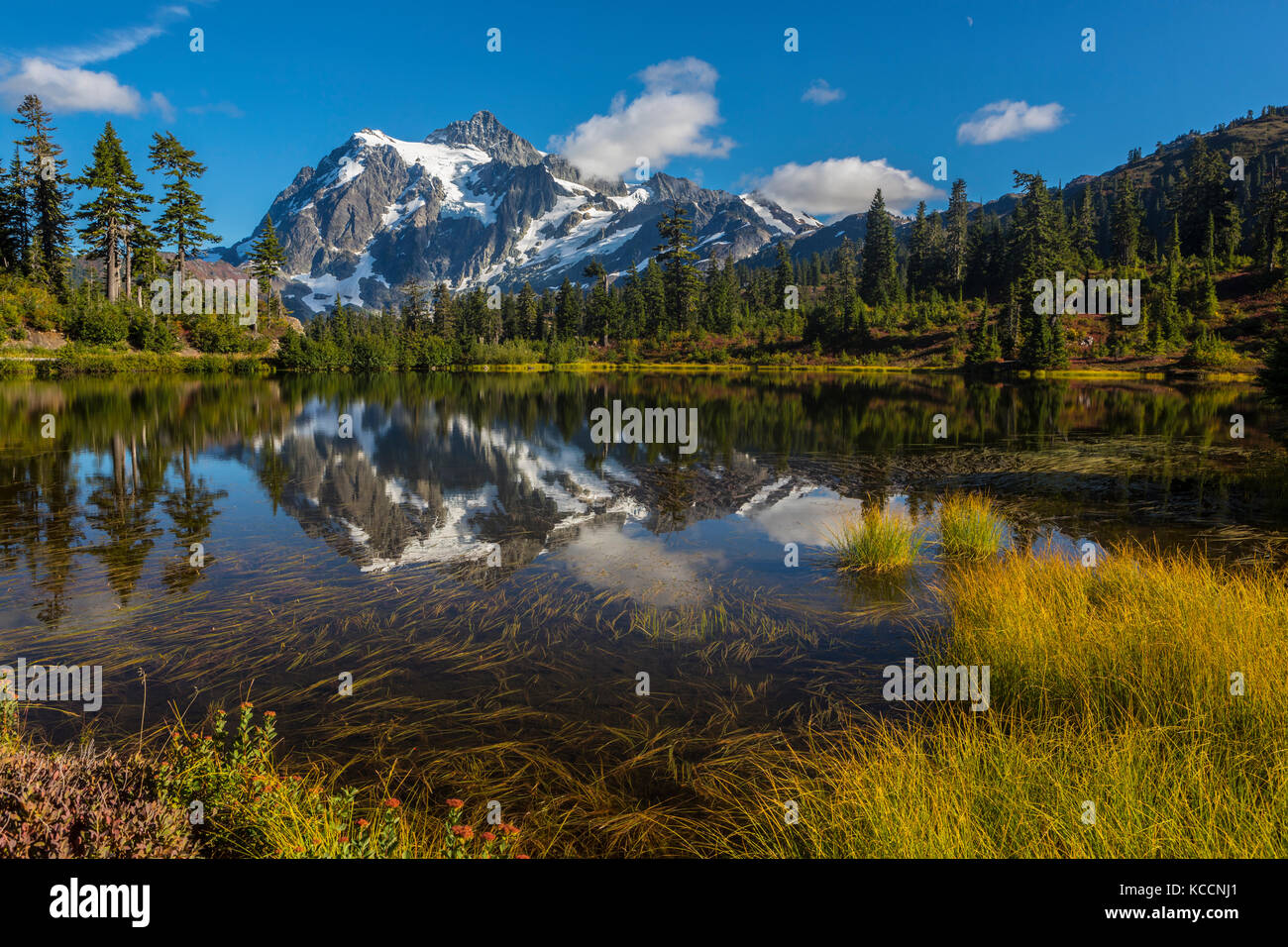 Mount Shuksan reflektiert in Bild Lake, Mount Baker Wilderness, North Cascades, Washington, USA. Stockfoto