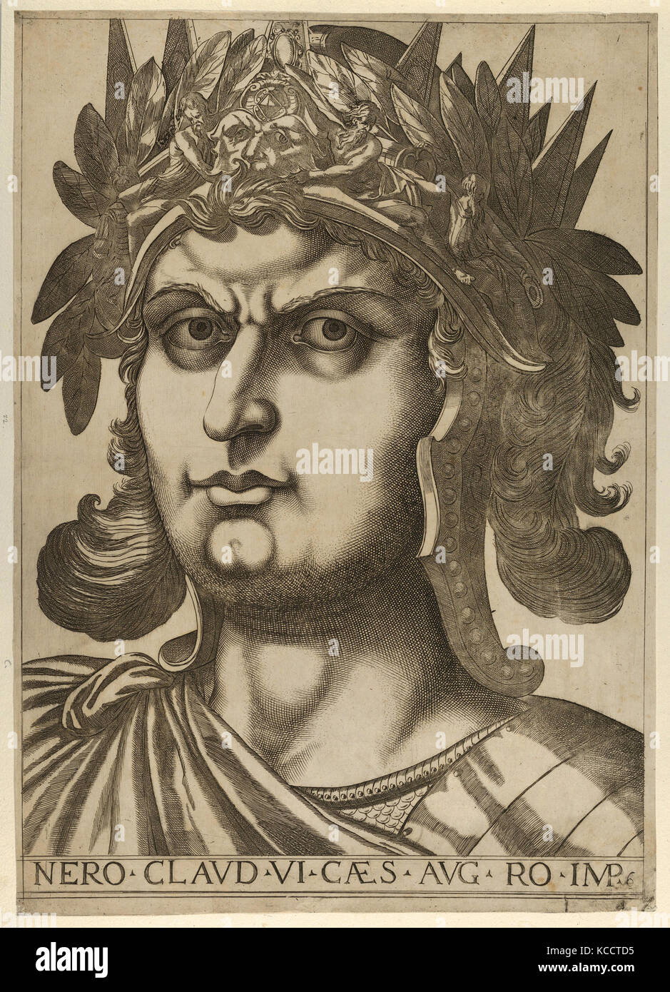 Platte 6: Nero mit seinen Kopf leicht nach rechts gedreht, von "Zwölf Caesars', Raffaello Schiaminossi Stockfoto