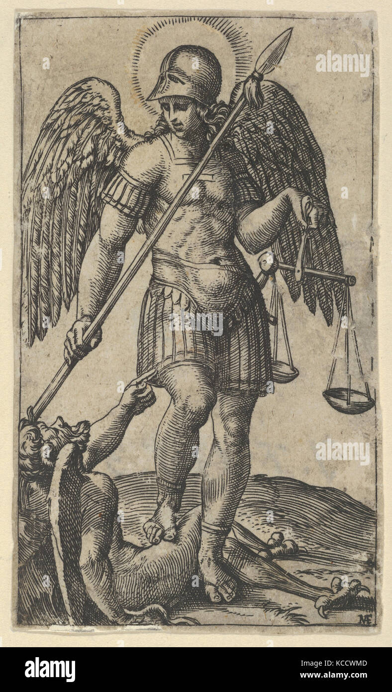 Saint Michael Holding Waagen und eine Lanze, ein Dämon unter ihm, aus der Serie "piccoli Santi" (kleine Heiligen Stockfoto