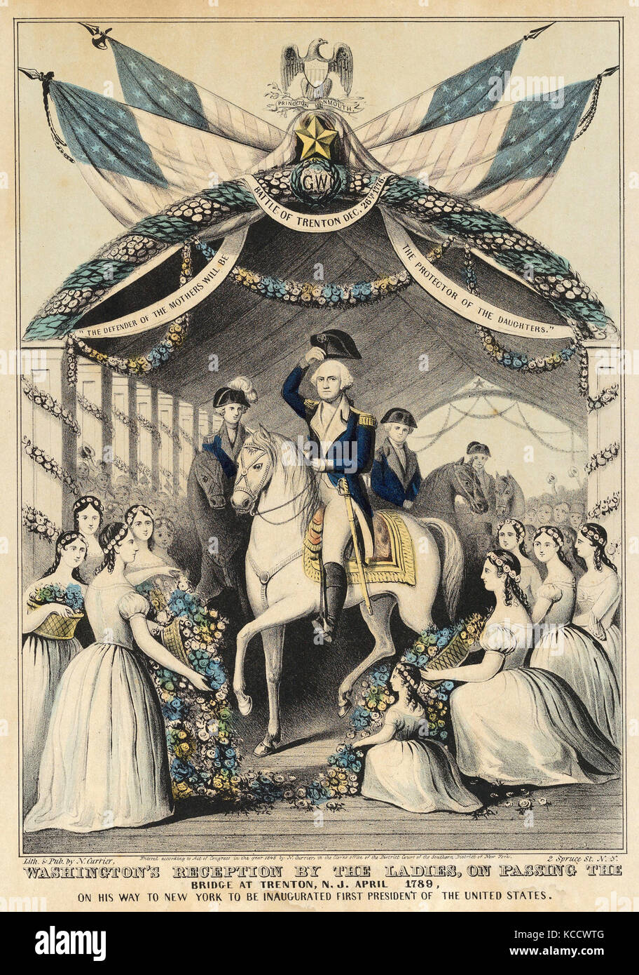 Zeichnungen und Drucke, Drucken, Washingtons Empfang durch die Damen auf der Brücke in Trenton, New Jersey, April 1789, auf seinem Weg Stockfoto