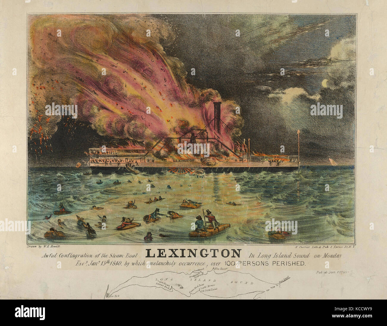 Zeichnungen und Drucke, Drucken, furchtbare Feuersbrunst der Dampfer Lexington im Long Island Sound am Montag Abend, Januar 13. Stockfoto