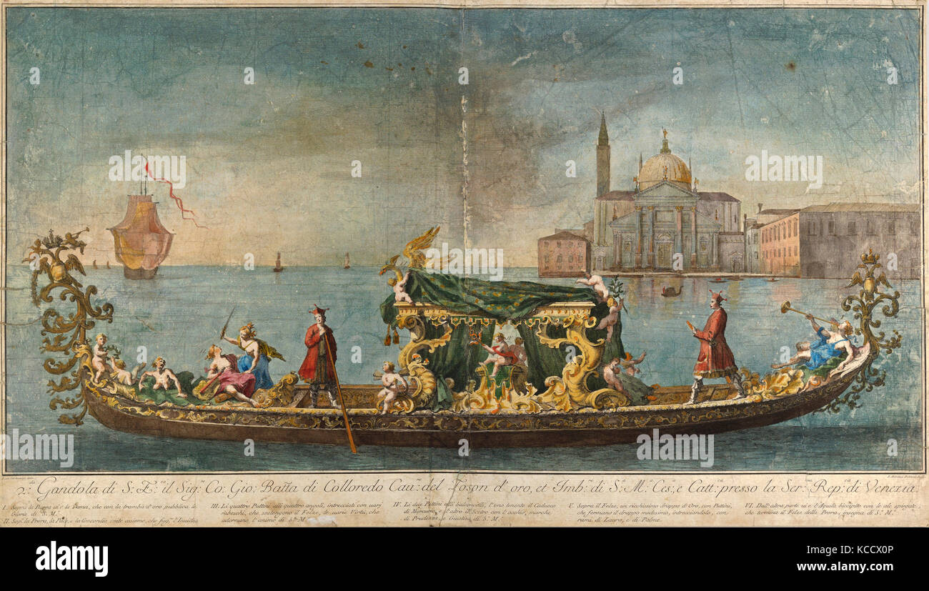 Zeichnungen und Drucke, Drucken, Der hoch dekorierte zweite Gondel von Botschafter Giovanni Battista Colloreado Venedig eingeben Stockfoto