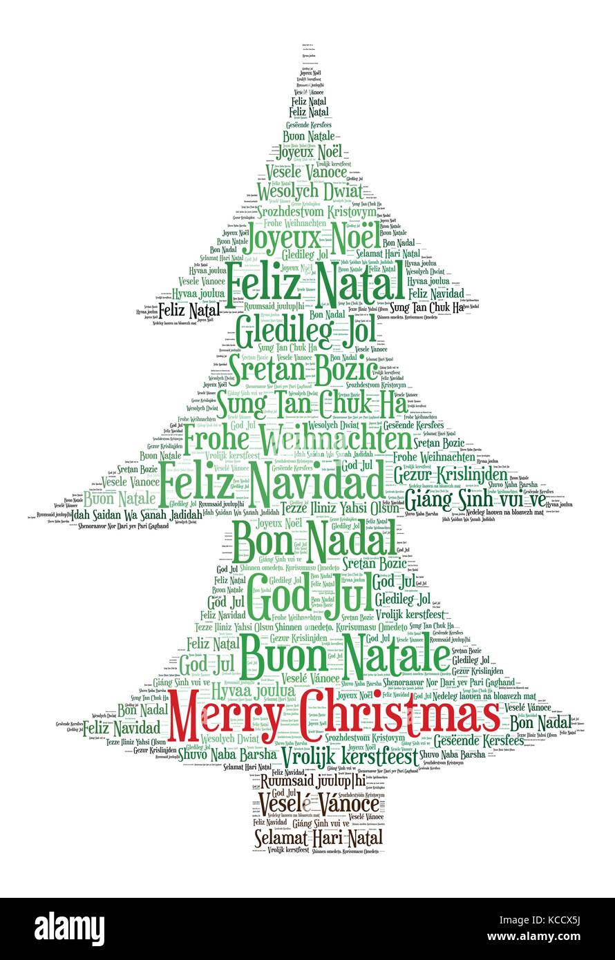 Wort Wolke, Frohe Weihnachten in allen Sprachen der Welt mit Weihnachtsbaum Form und Variablen. Stock Vektor