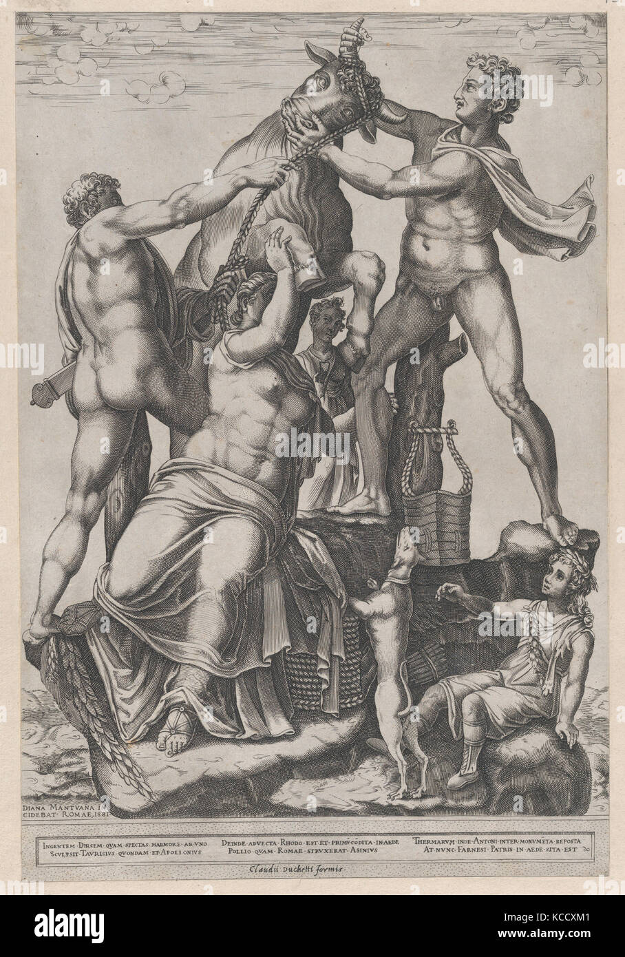 Speculum romanae Magnificentiae: Amphion und Zethus binden Dirce zu einem wilden Stier der Farnese Stier, Diana Scultori, 1581 Stockfoto