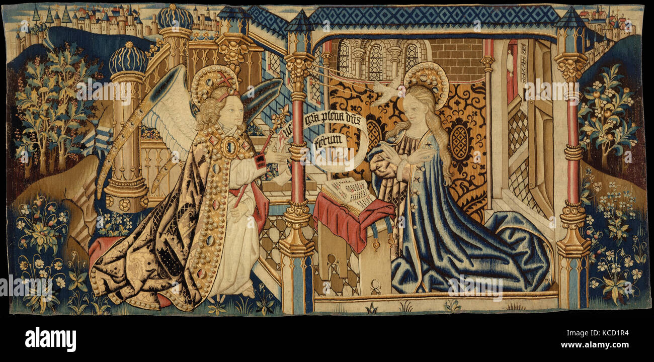 Die Verkündigung, Ca. 1460 - 80, Niederländischen, Wolle Warp, Wolle und Seide, Tressen, 39 5/16 x 83 in. (99,9 x 210,8 cm), Textilien Stockfoto