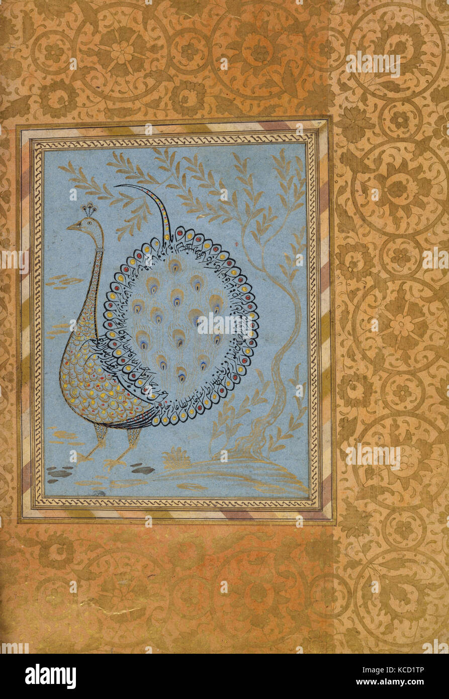 "Kalligrafische Zusammensetzung in Form von Peacock', Folio aus dem Bellini Album, Ca. 1600 Stockfoto