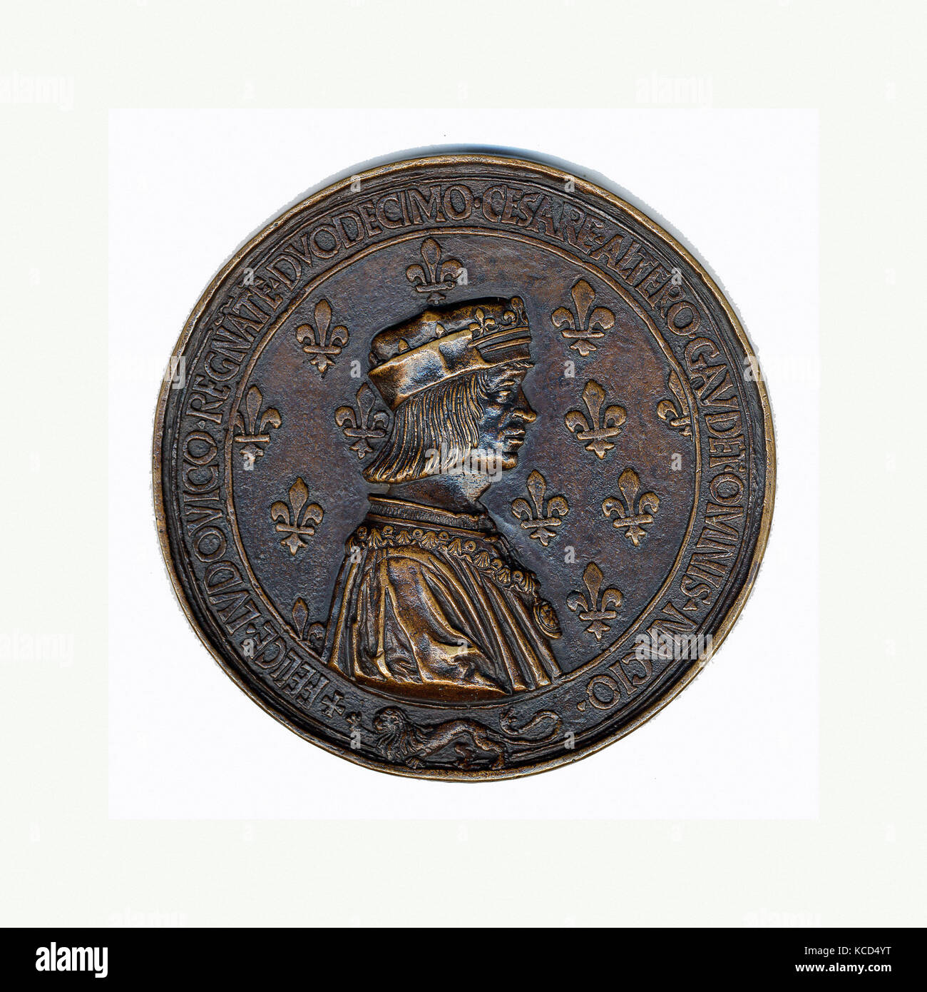 Medaille, Ludwig XII. und Anne de Bretagne, 15. Jahrhundert, Französisch, Kupferlegierung, Gesamt: 4 9/16 x 9/16 in. (11,6 x 1,4 cm Stockfoto