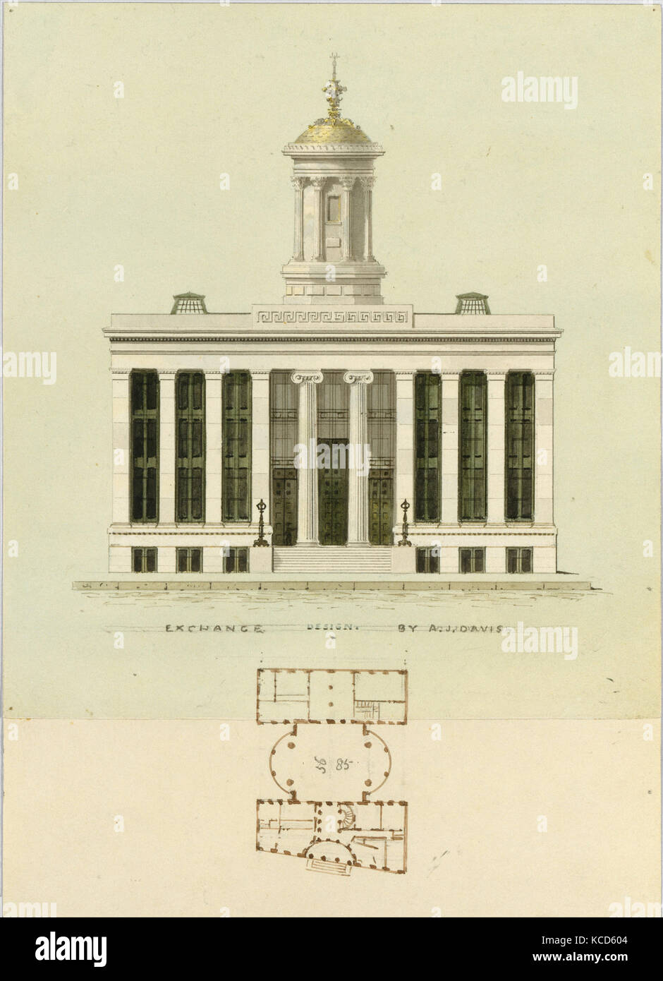 Fassadengestaltung und alten Plan für Exchange ist die erste Kaufmann, New York (nicht ausgeführte; vordere Elevation und Plan Stockfoto