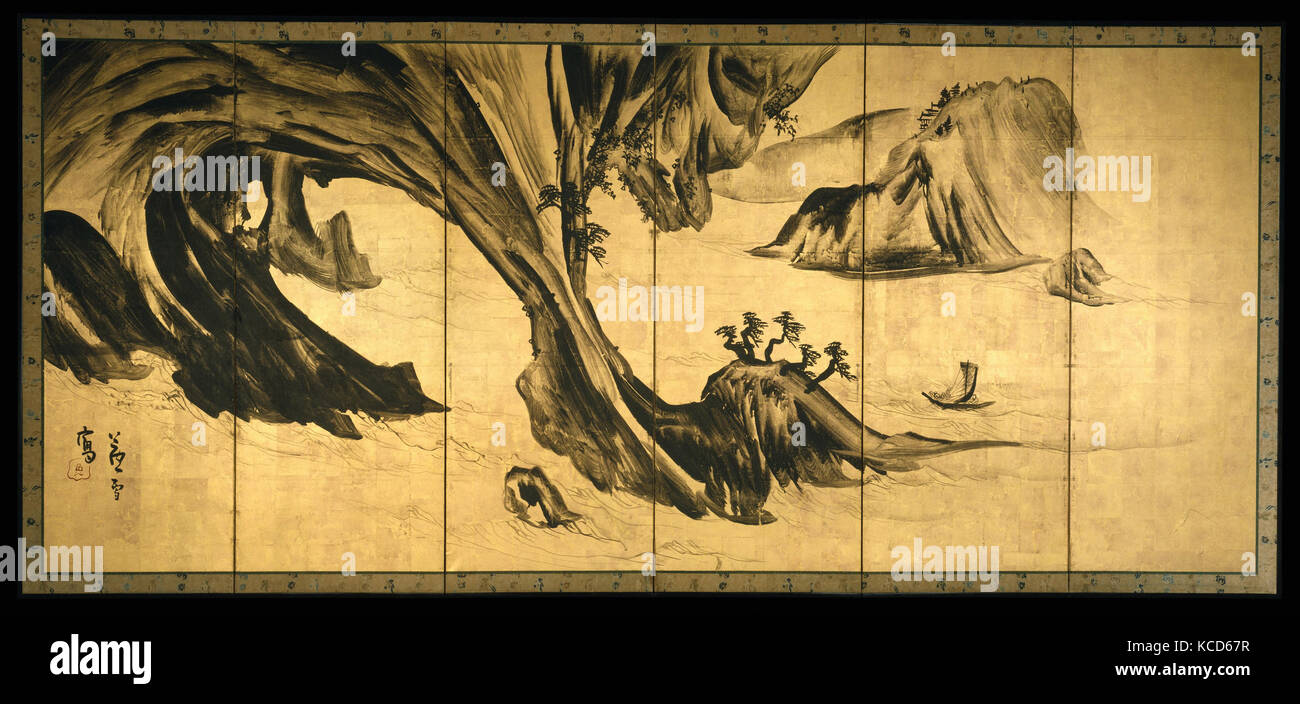 Landschaften mit den chinesischen Literaten und Su Shi Tao Qian, 山水唐人物図屏風, Edo Periode (1615 - 1868), 1795-99, Japan, Paar sechs Panel Stockfoto