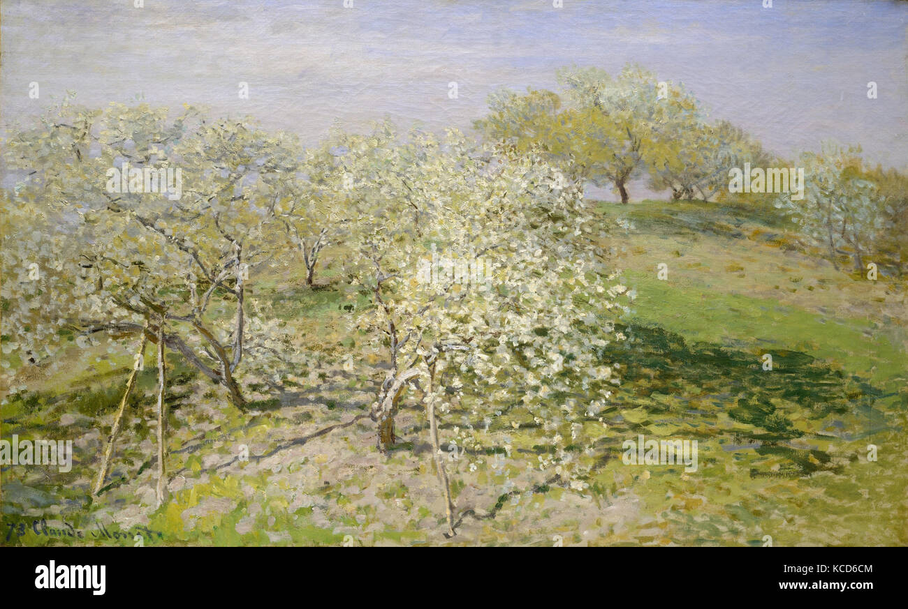 Feder (Obstbäume in voller Blüte), 1873, Öl auf Leinwand, 24 1/2 x 39 5/8 in. (62,2 x 100,6 cm), Gemälde, Claude Monet (Französisch Stockfoto