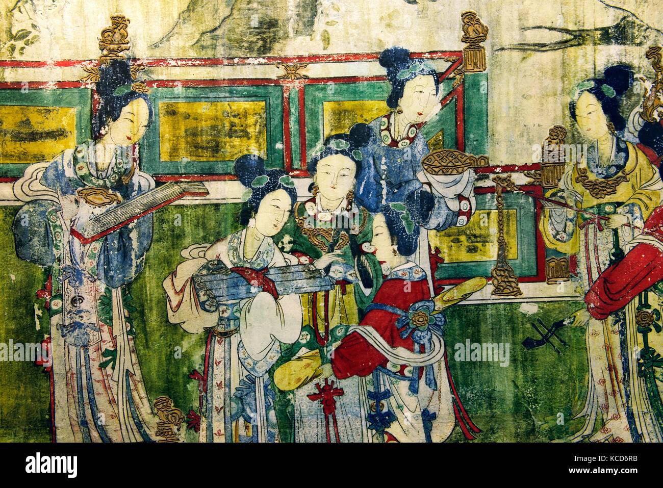 Song Dynastie. Wandbild Detail zeigen Musikerinnen. Von der Heiligen Mutter Hall aka Tempel der Göttin der Jinci Tempel, Taiyuan, Provinz Shanxi, China Stockfoto