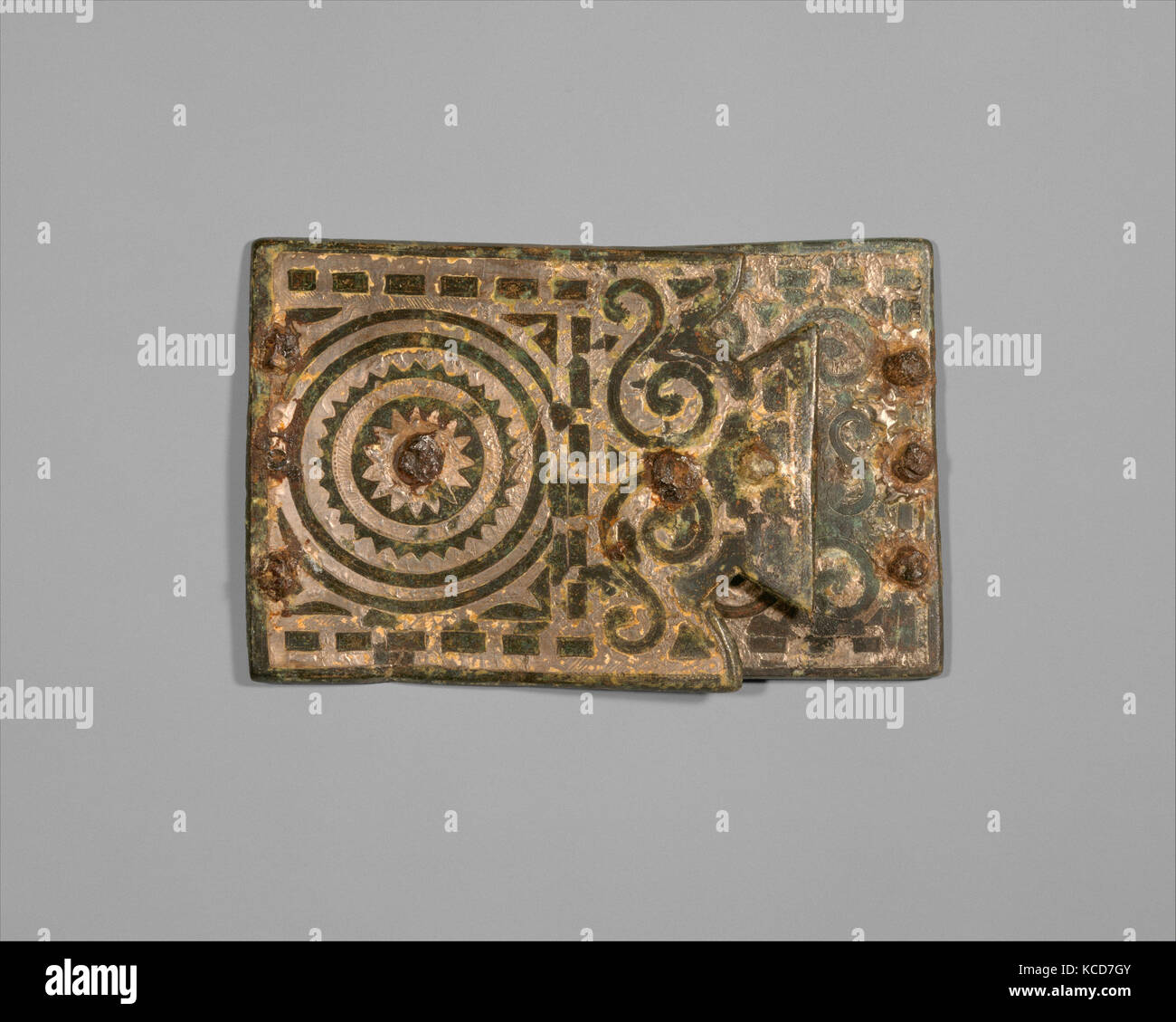 Gürtel Schnalle, 2.Jahrhundert V.CHR., die auf der iberischen Halbinsel (Spanien), Keltische, Blei-bronze, Einlegearbeiten aus Silber, Eisen Nieten, Insgesamt Stockfoto