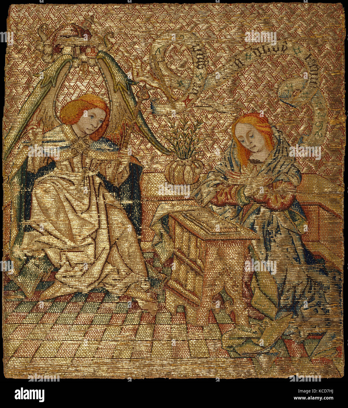 Stickerei mit der Verkündigung, Mitte des 15. Jahrhunderts, Niederländische, Seide und metallisierte Fäden auf Leinen, 8 1/4 x 3 3/4 in. (21 x 9. Stockfoto