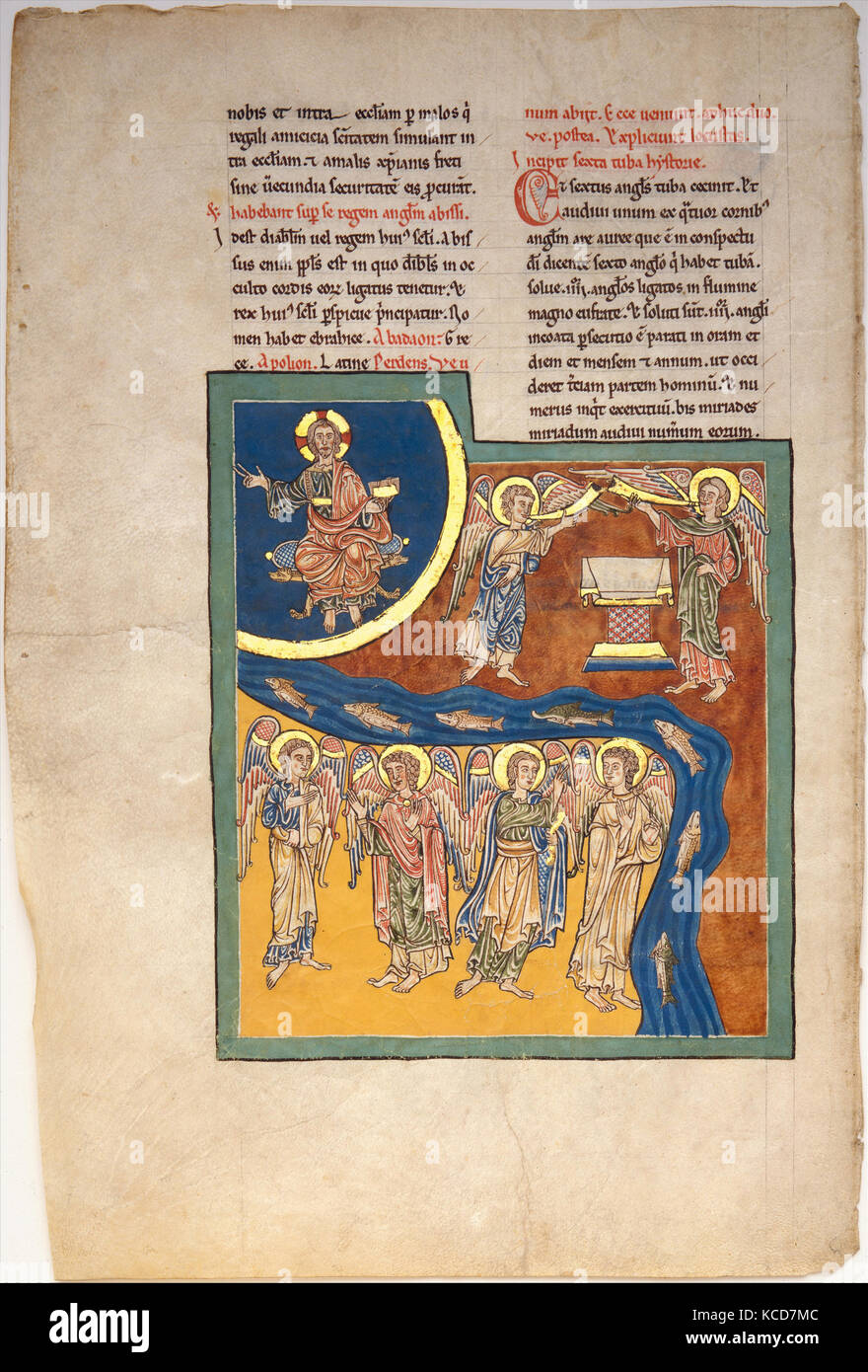 Blatt aus einem Beatus Manuskript: Der sechste Engel liefert die vier Engel, die gebunden an das Wasser Euphrat. Stockfoto