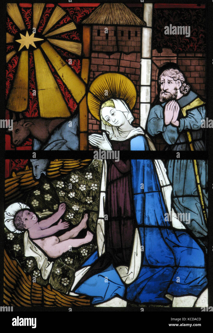 Glasmalerei Panel mit der Geburt Christi, 15. Jahrhundert Stockfoto