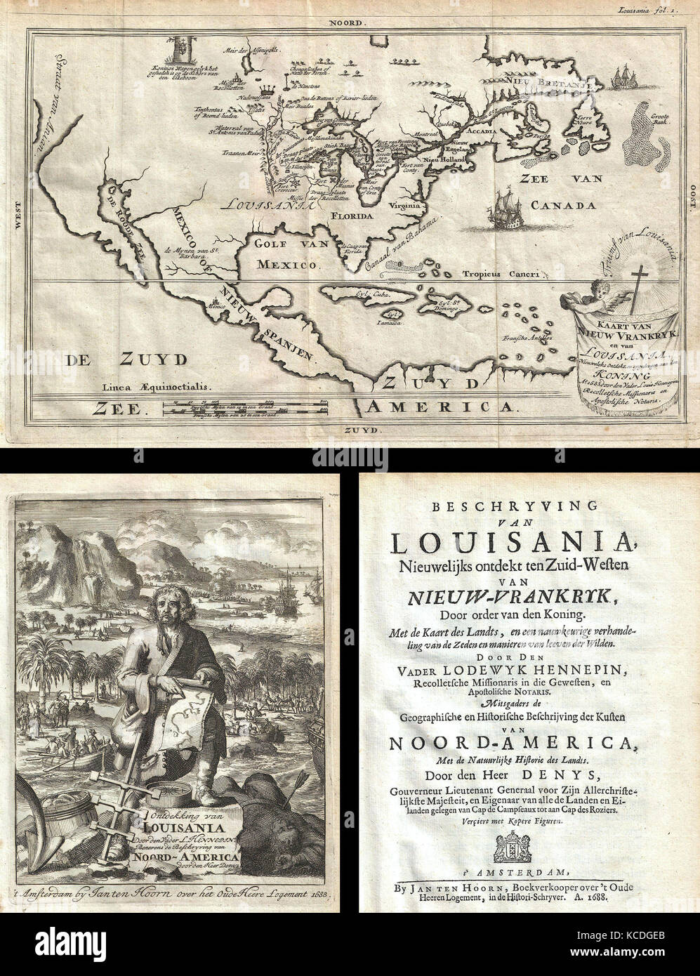 1688, Hennepin erste Buch und Karte von Nordamerika, erste gedruckte Karte Louisiana nach Name Stockfoto
