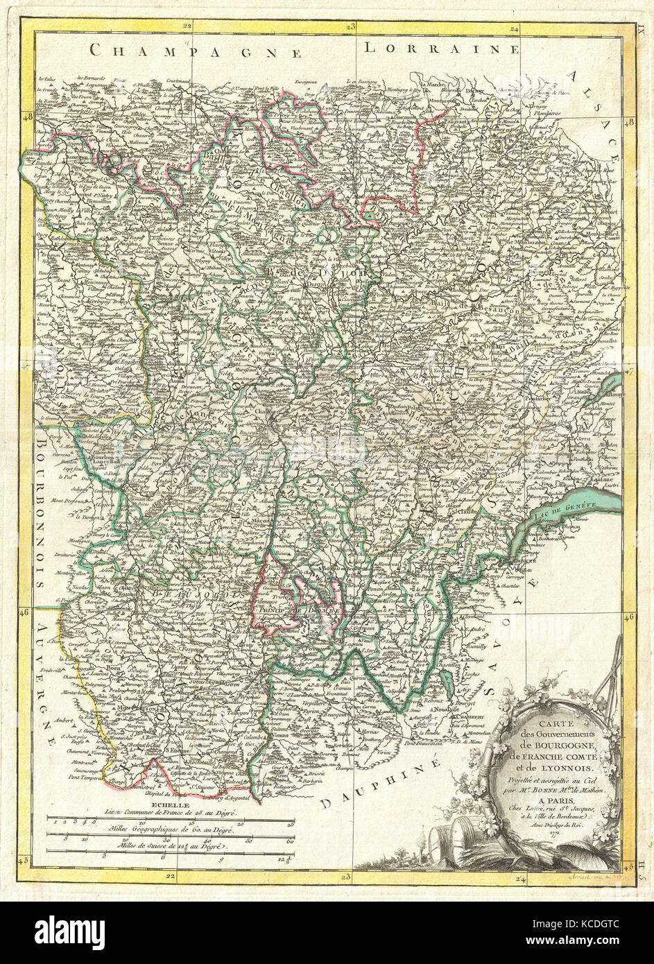 1771, Bonne Karte von Burgund, Franche-Comté, und Lyonnais, Frankreich, Rigobert Bonne 1727 - 1794 Stockfoto