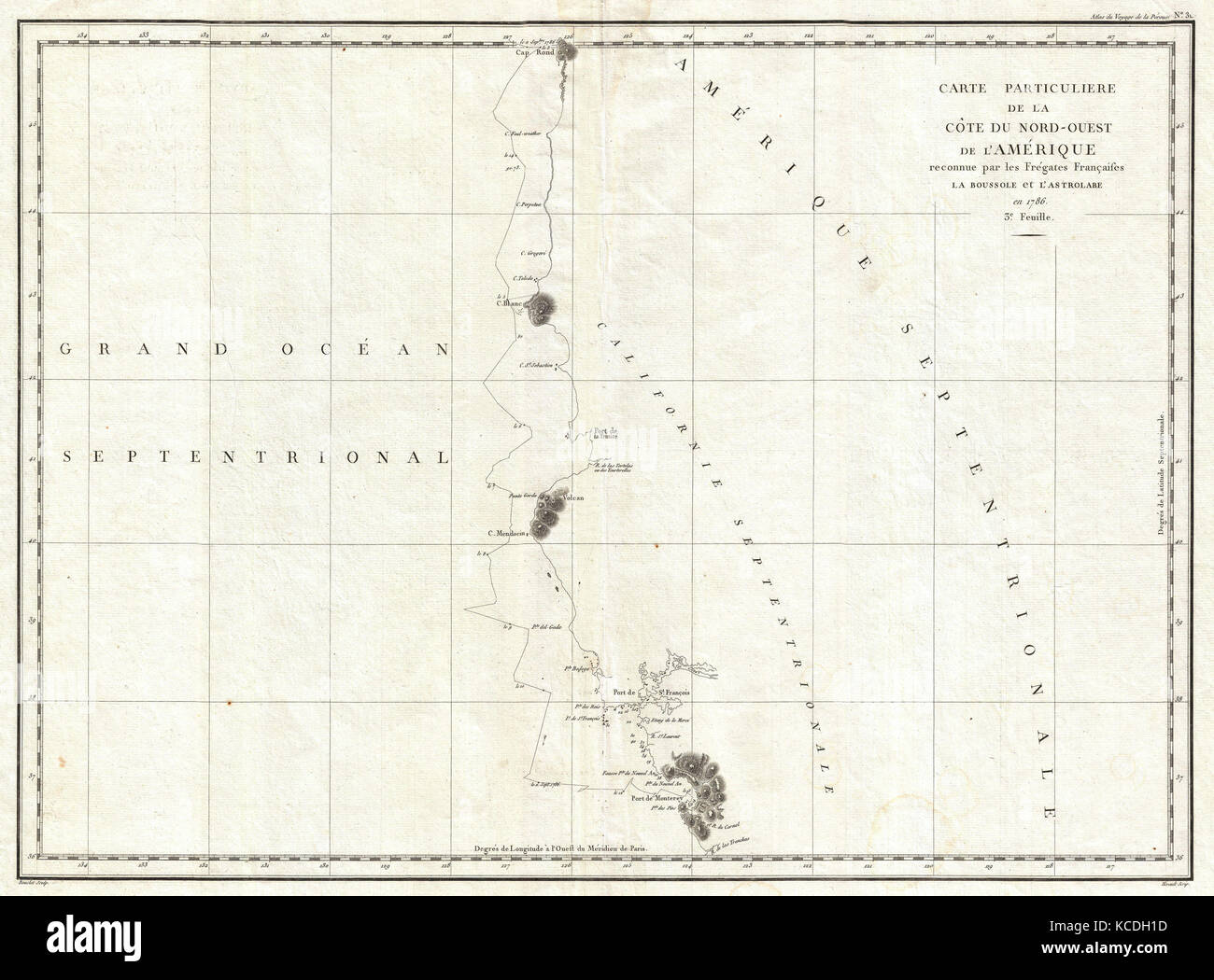 1786, La Perouse Karte von San Francisco, Monterey Bay, Kalifornien und Oregon Stockfoto