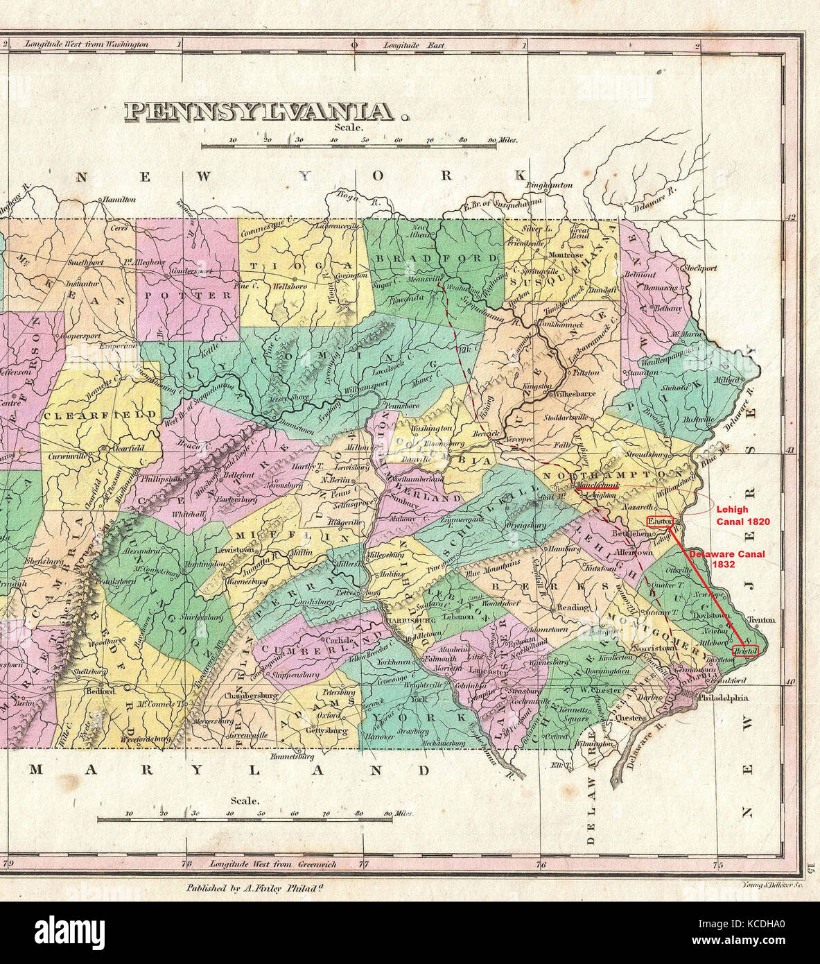 1827, Finley Karte von östlichen Pennsylvania, en-antd, Lehigh-Susquehanna Susquehanna-Tioga, Turnpike, Anthony Finley mapmaker Stockfoto
