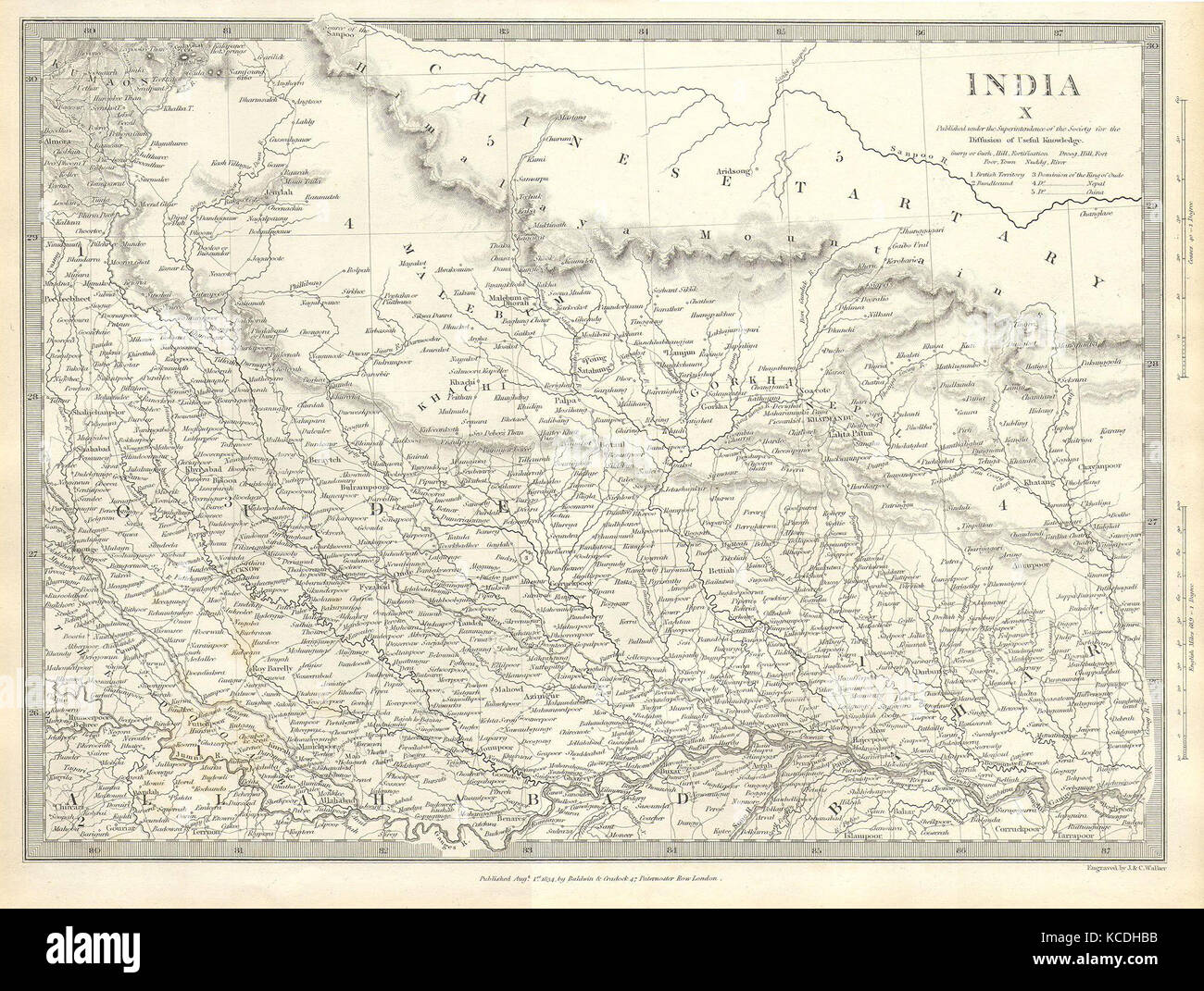 1834, S.D.U.K. Karte von Nord Indien, Nepal, und von Allahabad Stockfoto