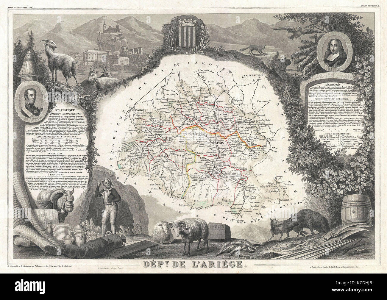 1852, Levasseur Karte des Departements Ariège, Frankreich, Bethmale, Bamalous, Moulis und Rogallai Käse Stockfoto