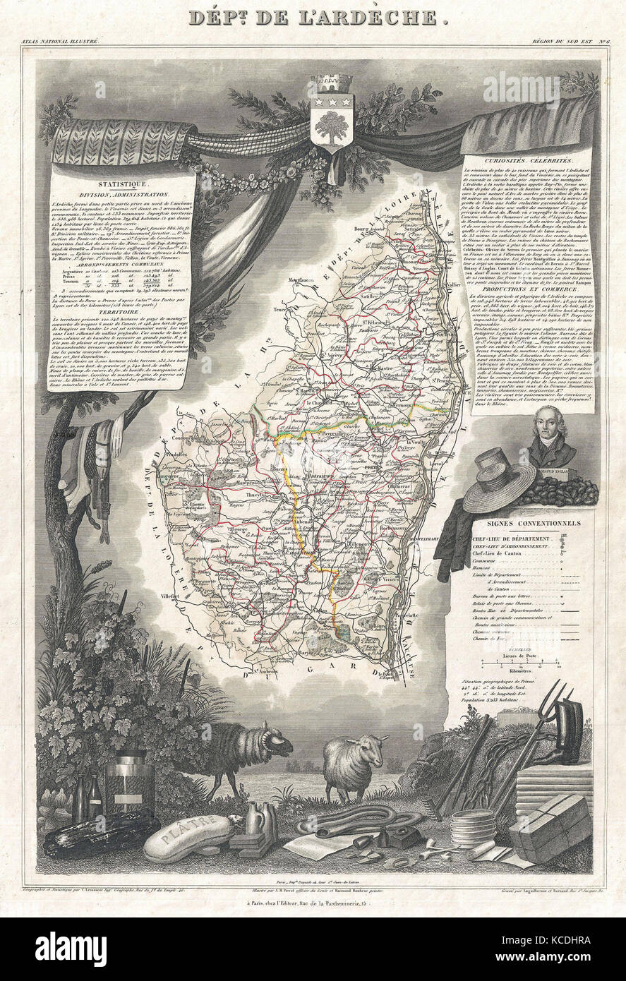 1852, Levasseur Karte der Abteilung L'Ardèche, Frankreich Stockfoto