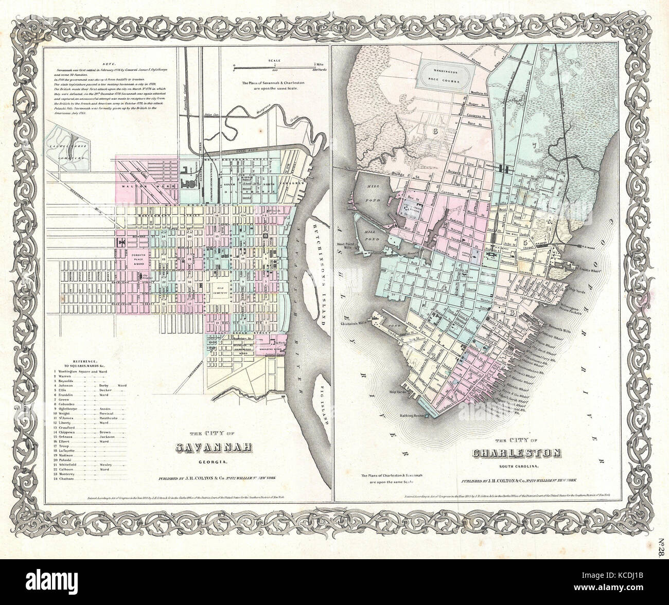 1855, Colton Plan oder eine Karte von Charleston, South Carolina und Savannah, Georgia Stockfoto