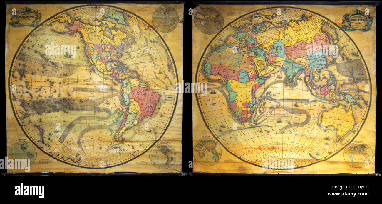 1858, Satz mit zwei Pelton, Landkarten, westlichen Hemisphäre und östlichen Hemisphäre Stockfoto