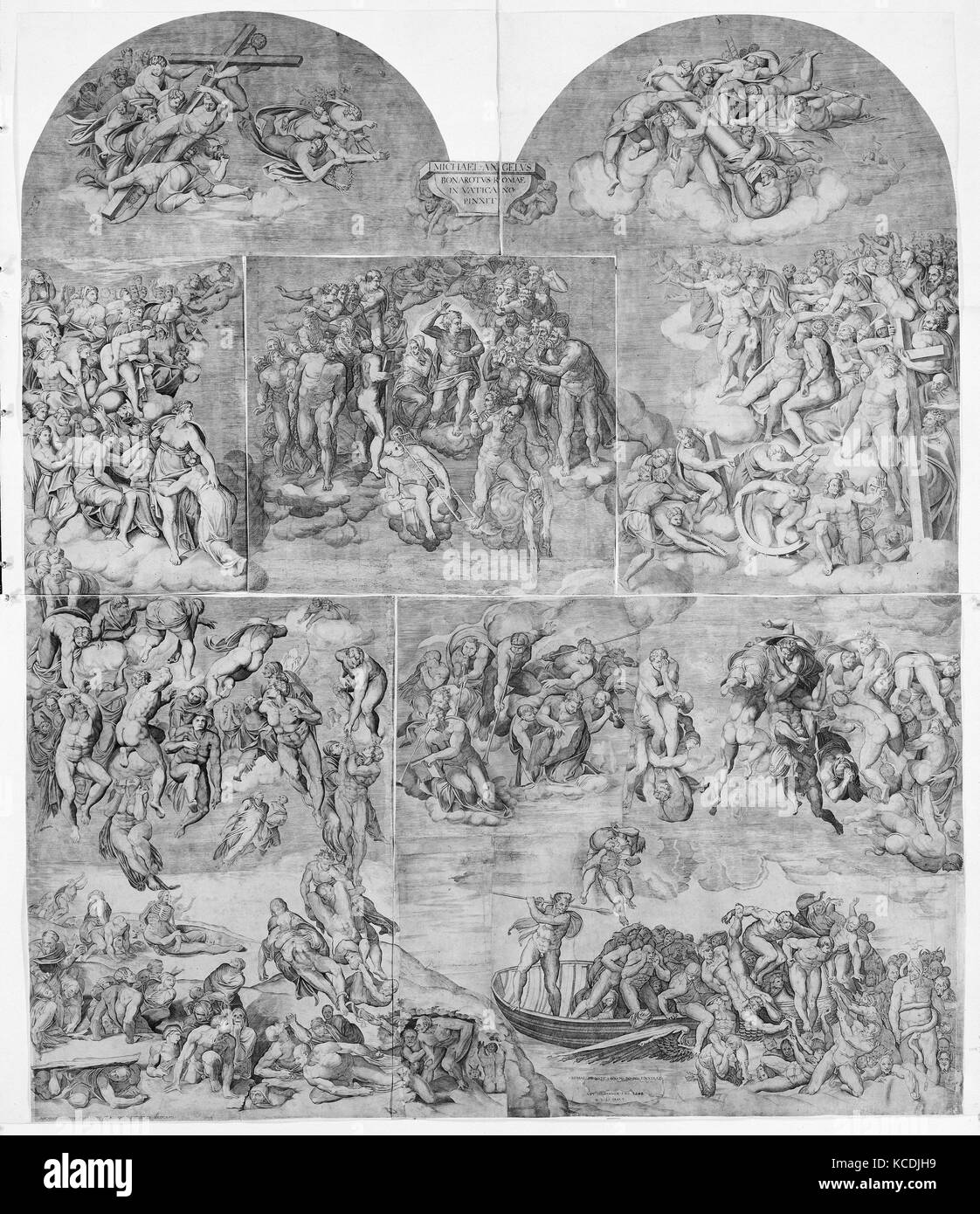 Trompeten Engel und die verdammten Seelen gezogen, die von Teufeln (unten Mitte und rechts Abschnitt des Letzten Gerichts Stockfoto