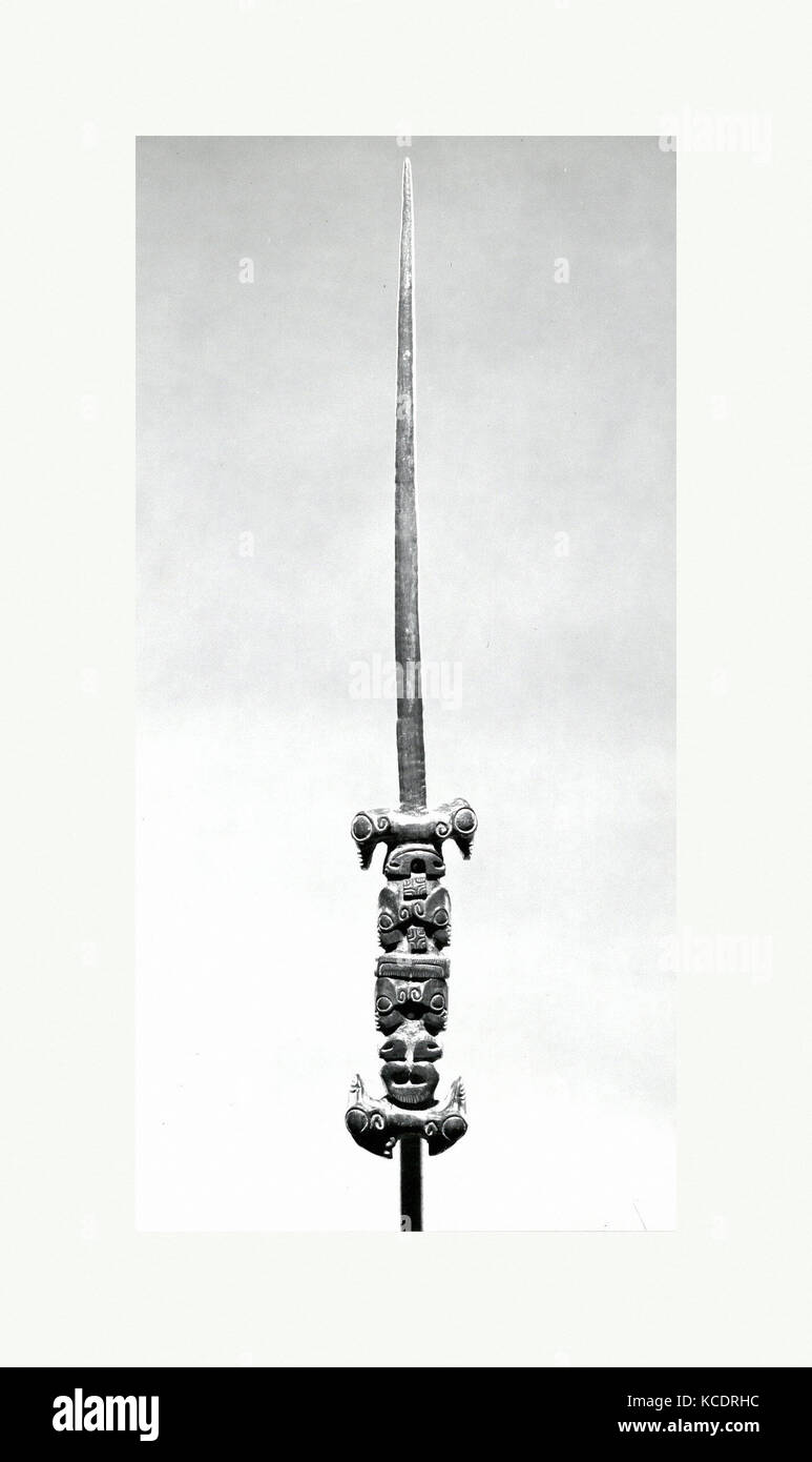 Griff des Lüfters (Ke'e), 1820-50, Marquesas Inseln, MARQUESANISCHE (enata) Menschen, Holz, H.1 3/4 x W. 14. (4,5 x 35,6 cm), Holz Stockfoto