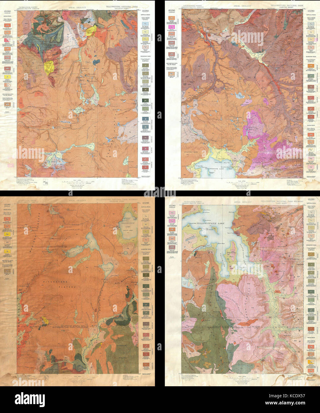 1896, U.S. Geological Survey geologische Karte von Yellowstone Nationalpark, 4 Blätter Stockfoto