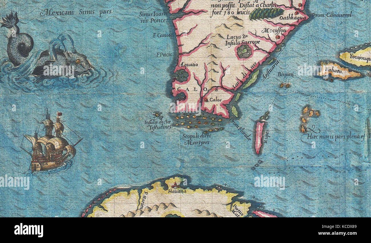 1591, De Bry und Le Moyne Karte von Florida und Kuba, USA, US, Nordamerika Stockfoto