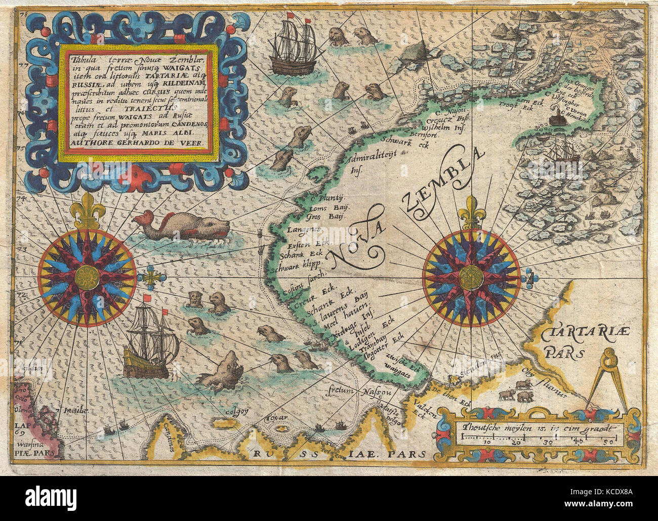 1601, De Bry und de Veer Karte von Nova Zembla und der Nordostpassage, Nowaja Semlja, Arktischen Ozean im Norden Rußlands Stockfoto