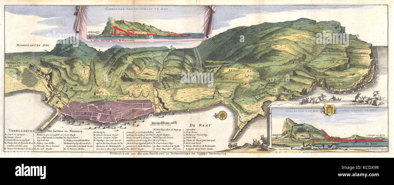 1720, De La Feuille Karte und Blick auf Gibraltar Stockfoto