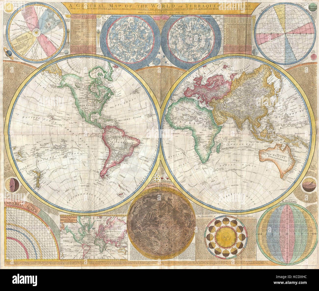 1794, Samuel Dunn Landkarte der Welt in Hemisphären Stockfoto