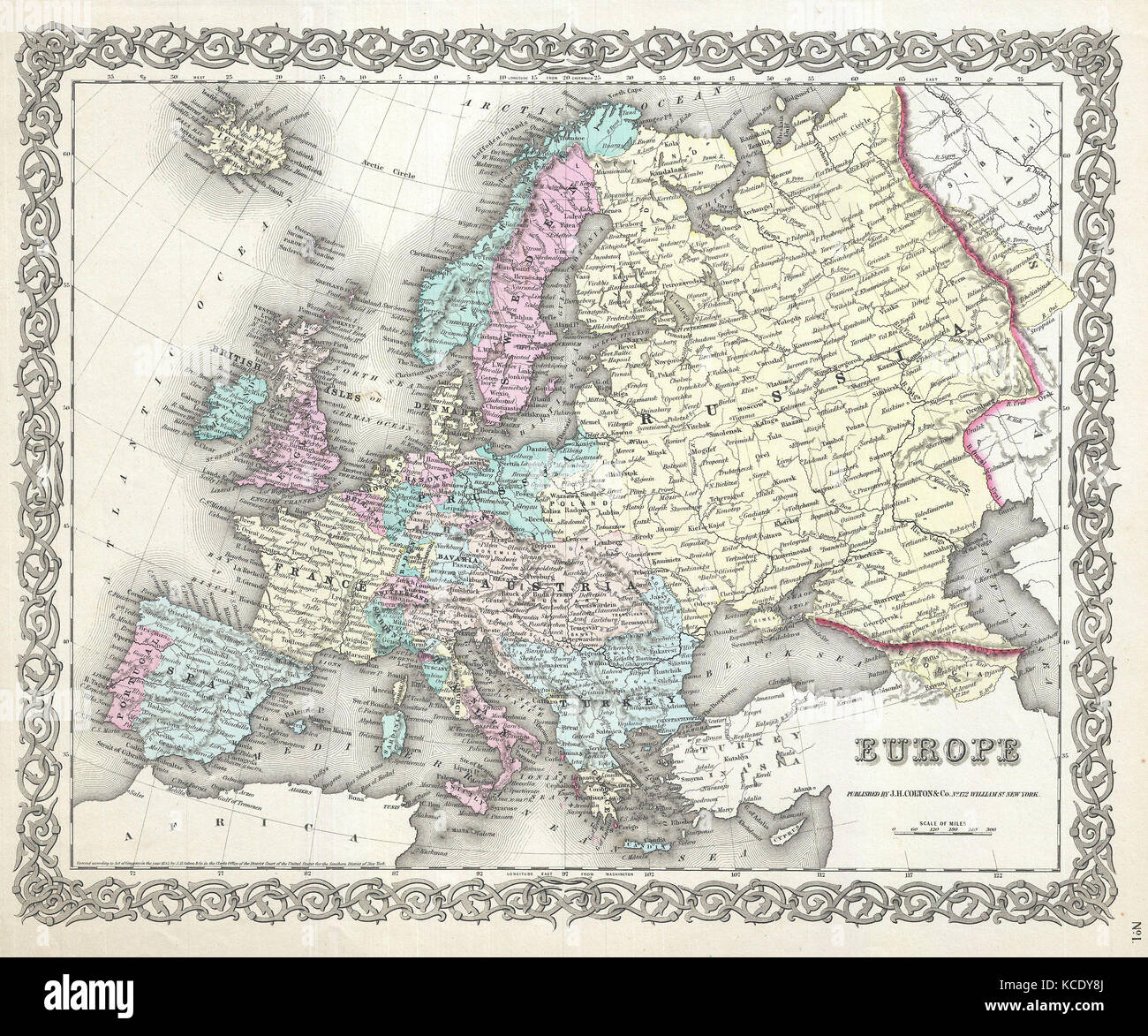 1855, Colton Karte von Europa Stockfoto