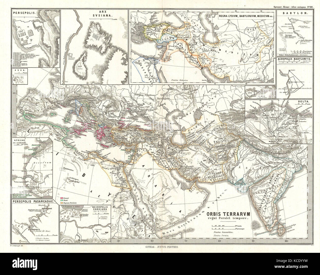 1865, spruner Karte der Welt unter dem Persischen Reich Stockfoto