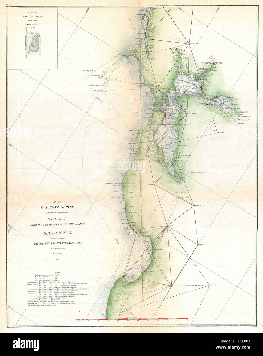1865, US-Küstenwache Triangulation Karte von San Francisco Bay Stockfoto