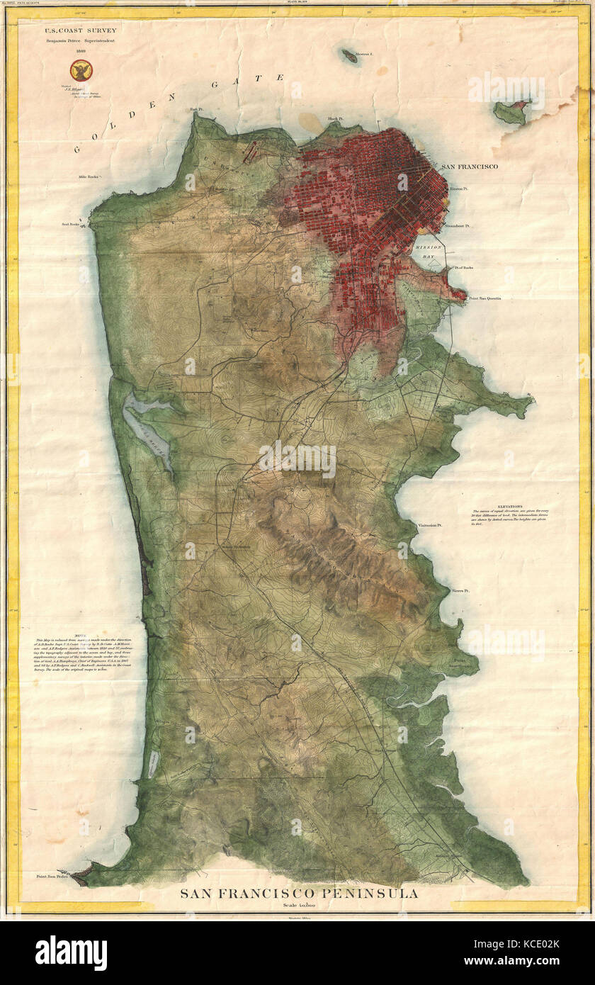 1869, U.S. Küstenwache Karte der San Francisco Halbinsel Stockfoto