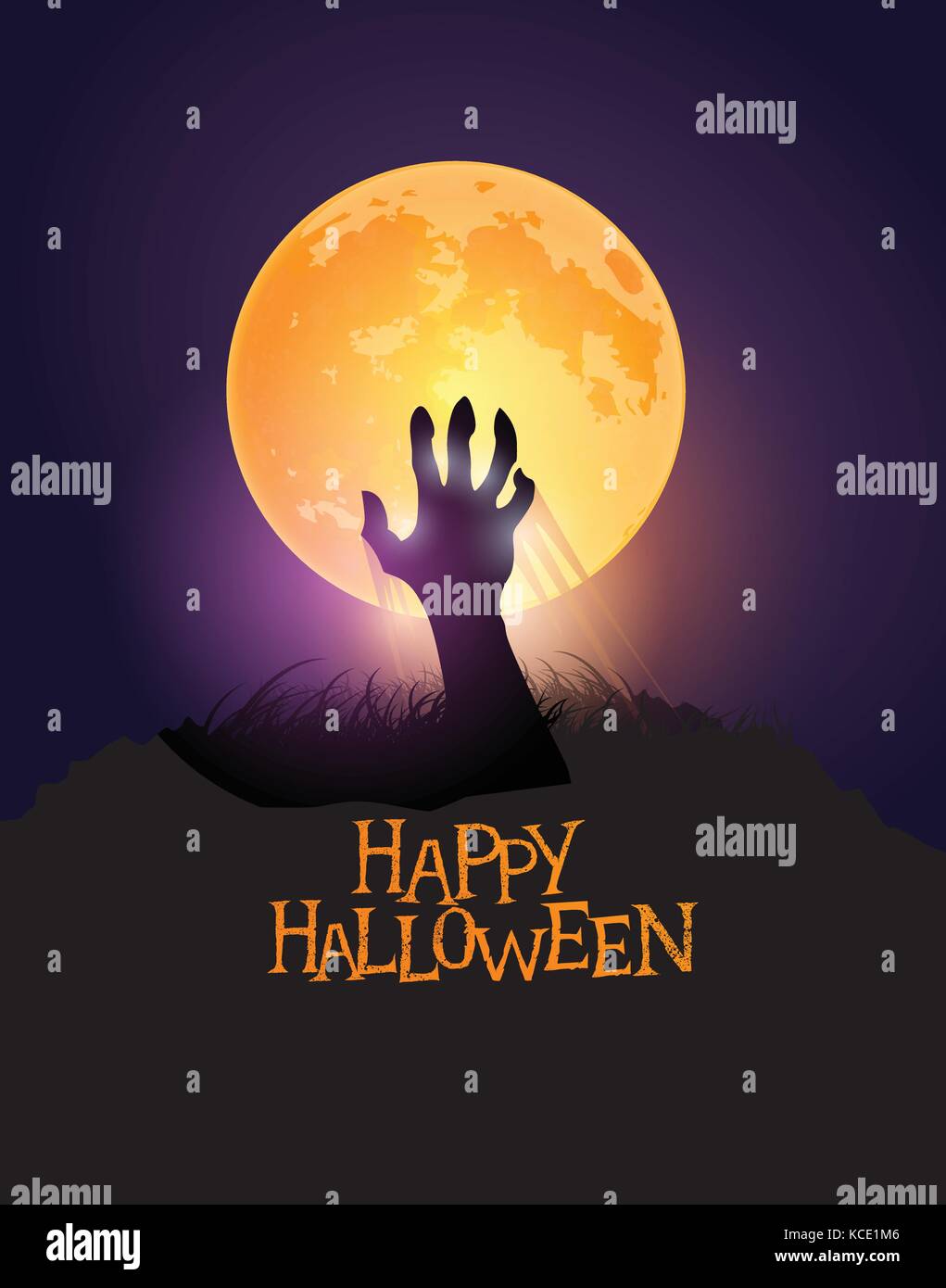 Zombie Hand sich vom Boden erhebt gegen eine Halloween orange Mond. Vector Illustration. Stock Vektor