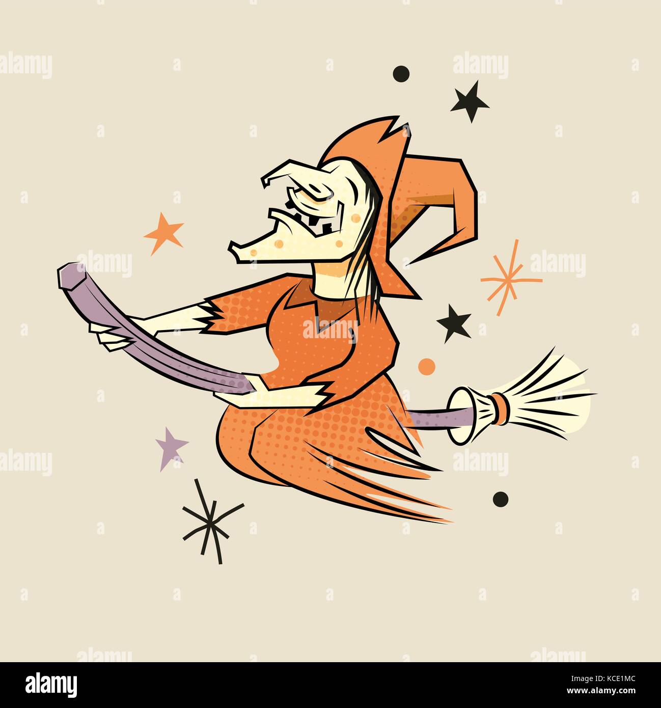 Ein glückliches Hexe fliegen auf einem Besenstiel auf Halloween. Vector Illustration Stock Vektor
