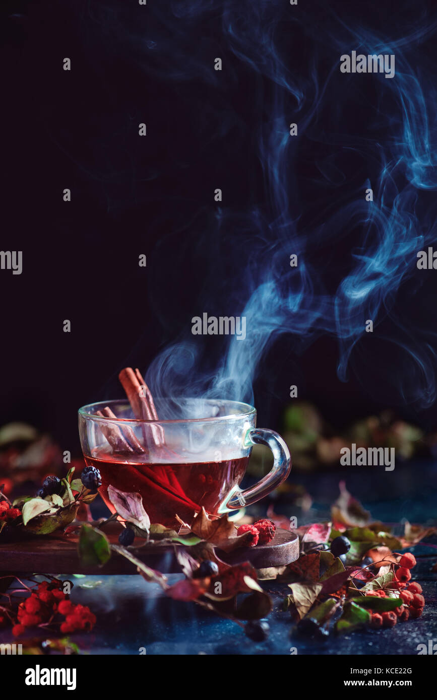Dampfende Tasse Tee mit Zimt auf dunklem Hintergrund. Konzeptionelle stilisierte Food still life Herbst Blätter und Beeren. Stockfoto