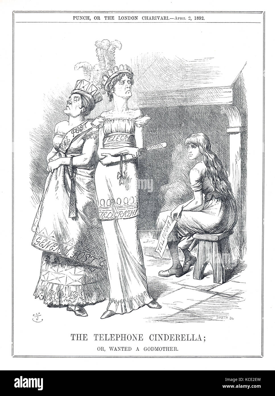 Das Telefon Cinderella in Not of a Fey Godmother, 1892 Punch-Zeichentrickfilm Stockfoto