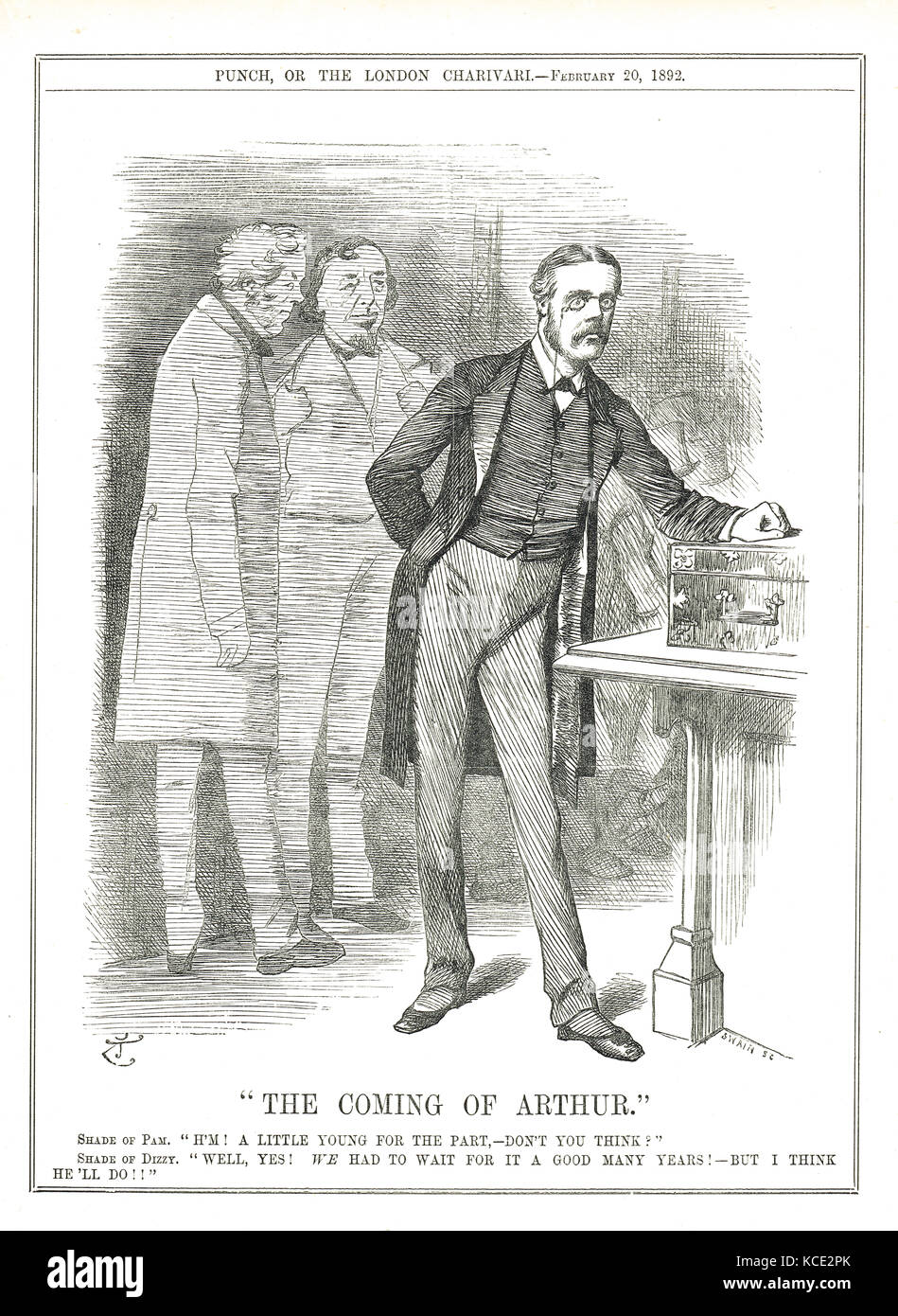 Das Kommen von Arthur Balfour, 1892. Die Geister von Disraeli & Palmerston sprechen über den konservativen Führer im Unterhaus, den sie trotz seiner Jugend befürworten. Stockfoto
