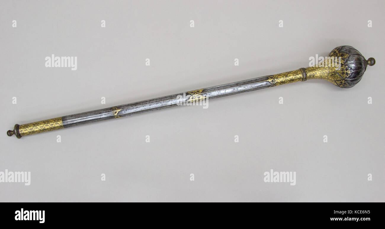 Mace, 17. Jahrhundert, Indo-Persian, Stahl, Gold, L. 26 1/2 in. (66,7 cm), Shafted Waffen Stockfoto