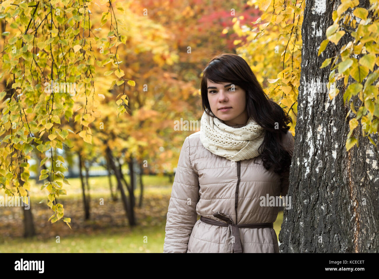 Mädchen mit dunklen lockigen Haar in der Nähe von einem Baum vor dem Hintergrund von Herbstlaub Stockfoto