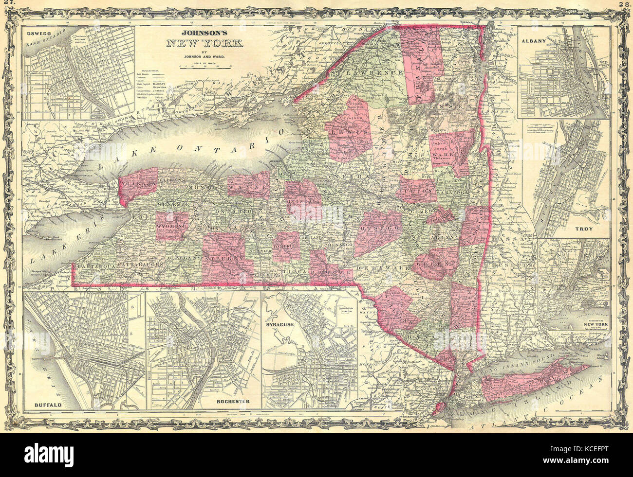 1862, Johnson's Karte von New York State Stockfoto