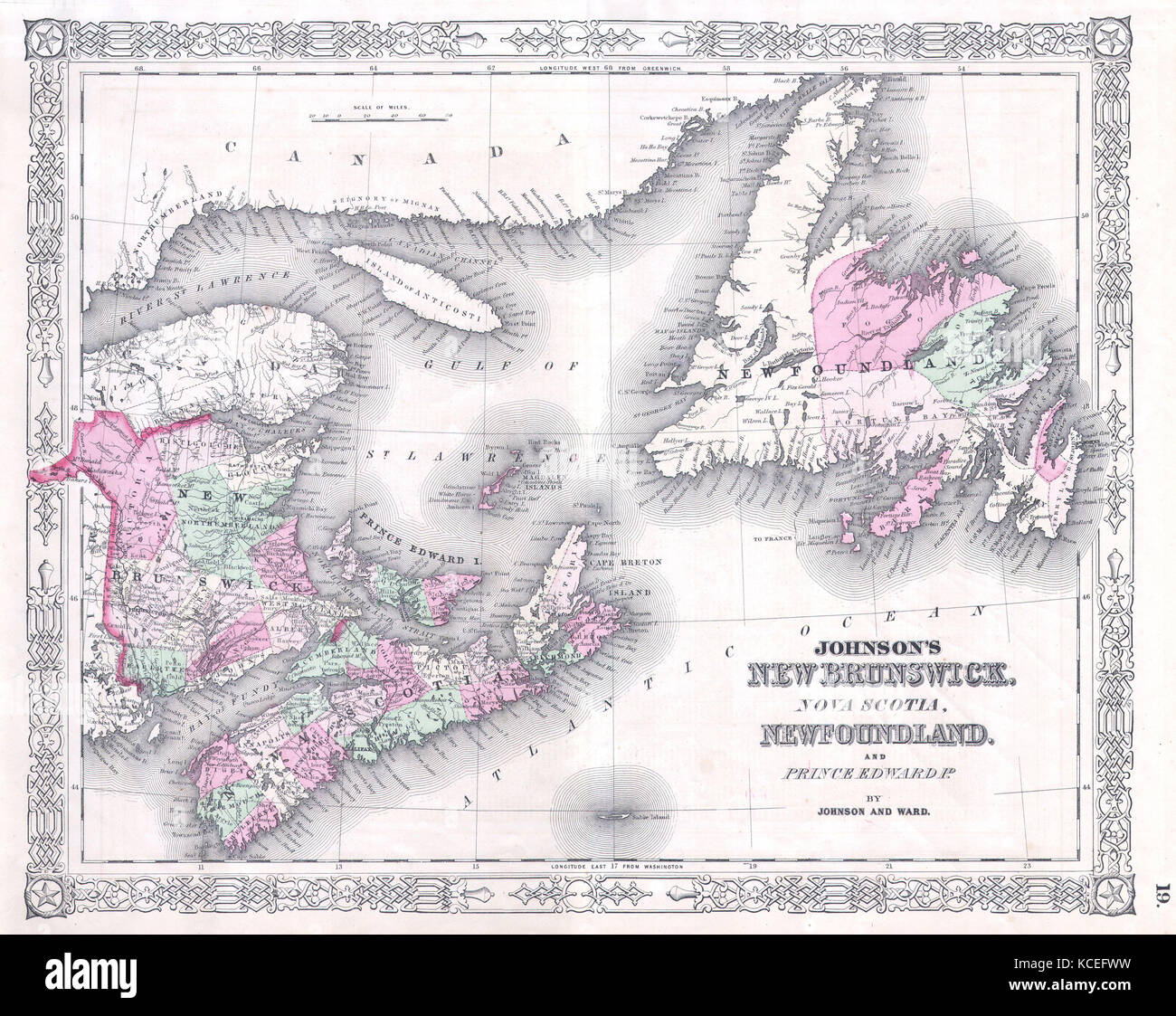 1864, Johnson's Karte von New Brunswick, Nova Scotia und Neufundland, Kanada Stockfoto